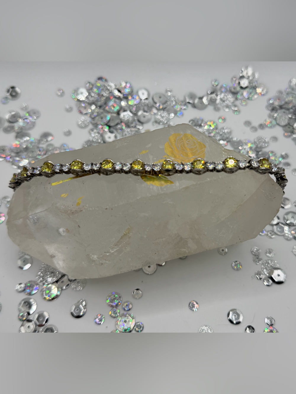 VTG Silver Tennis Bracelet with Citrine and Clear Stones 7.5 inches